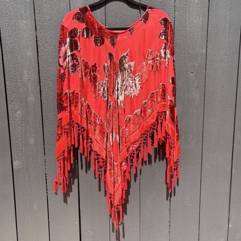Aris A Y2k Boho Silk Velvet Burnout Floral Poncho Fairy Beaded Fringe Sheer Art